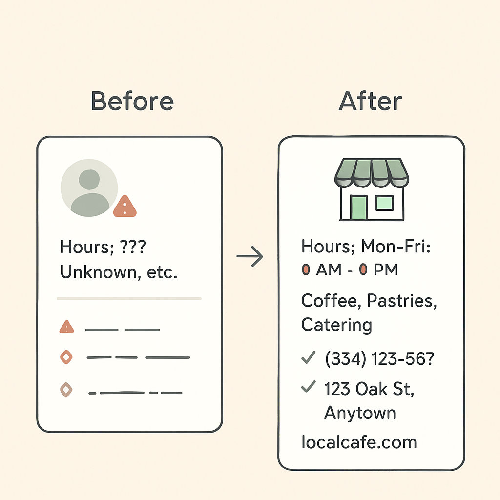 Before and after comparison of a messy business listing being cleaned up into an accurate, trustworthy listing